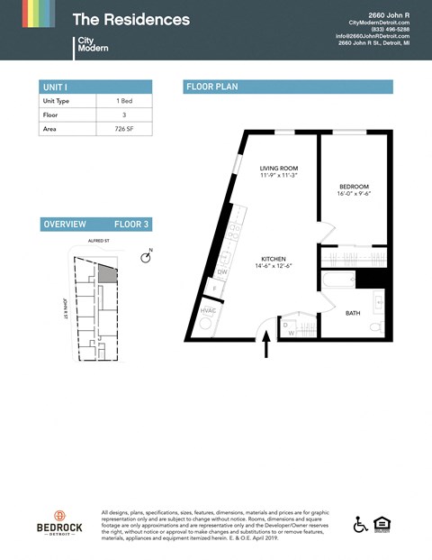 Floor plan for 1 bed, 1 bath, 726 sqft